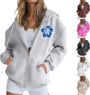 Womens Floral Print Hoodies Hawaiian Graphic Oversized Zip up Sweatshirts Long Sleeve Hooded Pullover with Pockets