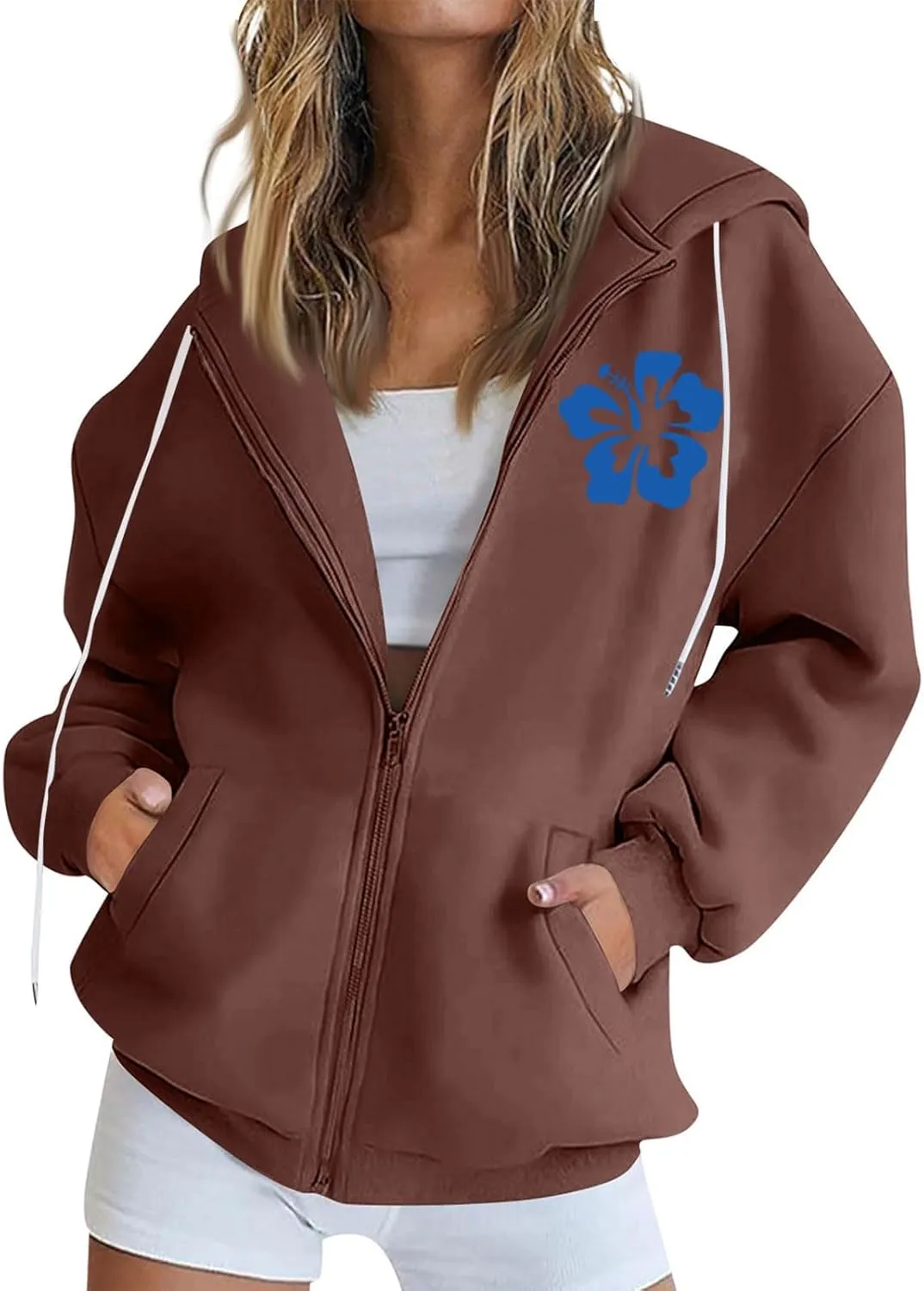 Womens Floral Print Hoodies Hawaiian Graphic Oversized Zip up Sweatshirts Long Sleeve Hooded Pullover with Pockets