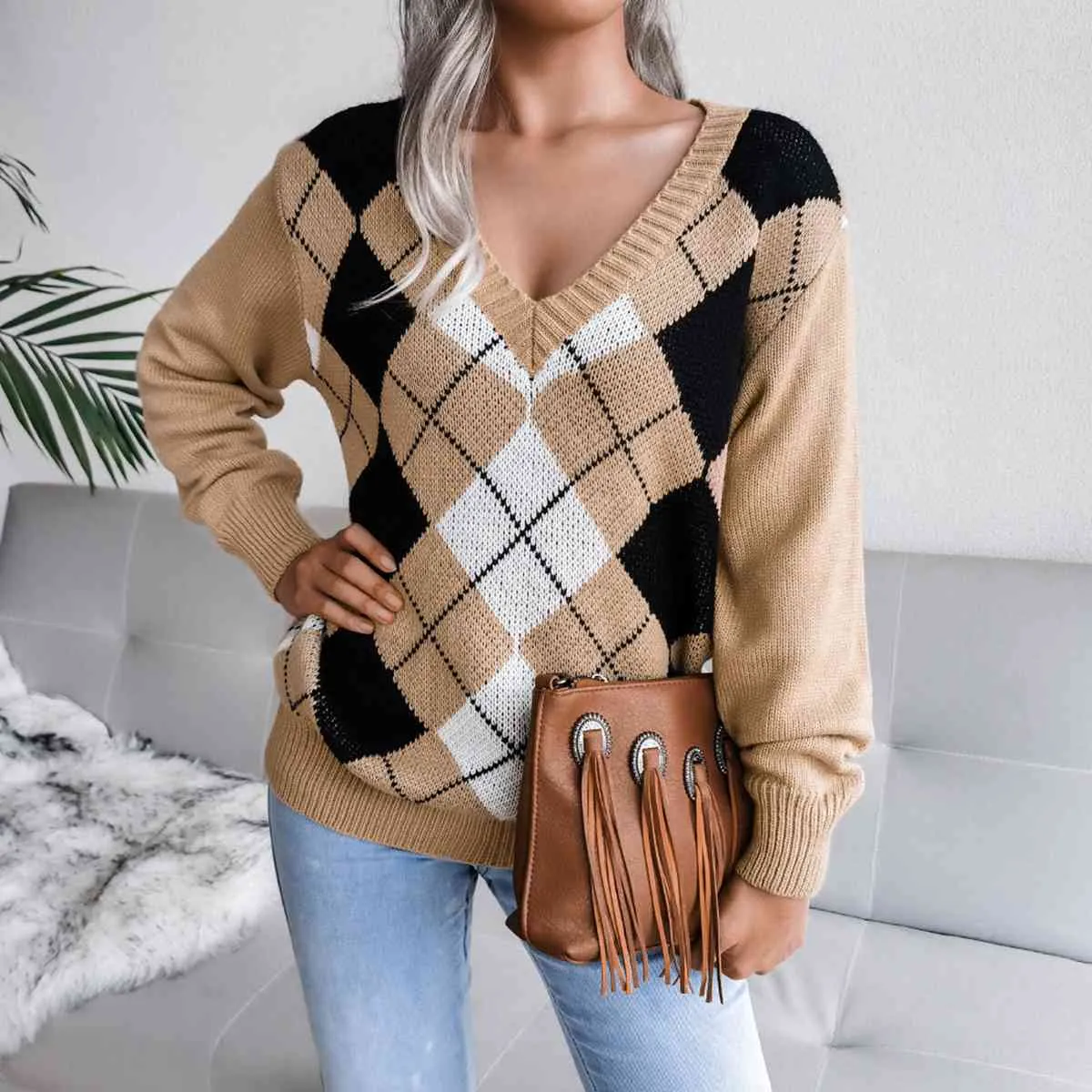 Women's Geometric V-Neck Sweater