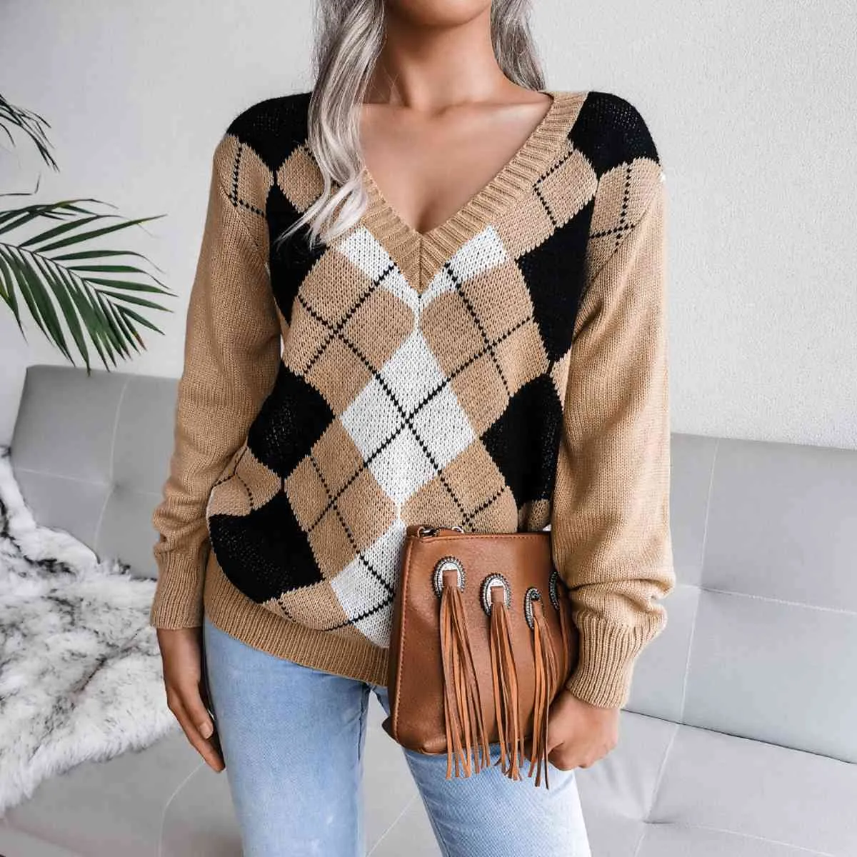 Women's Geometric V-Neck Sweater