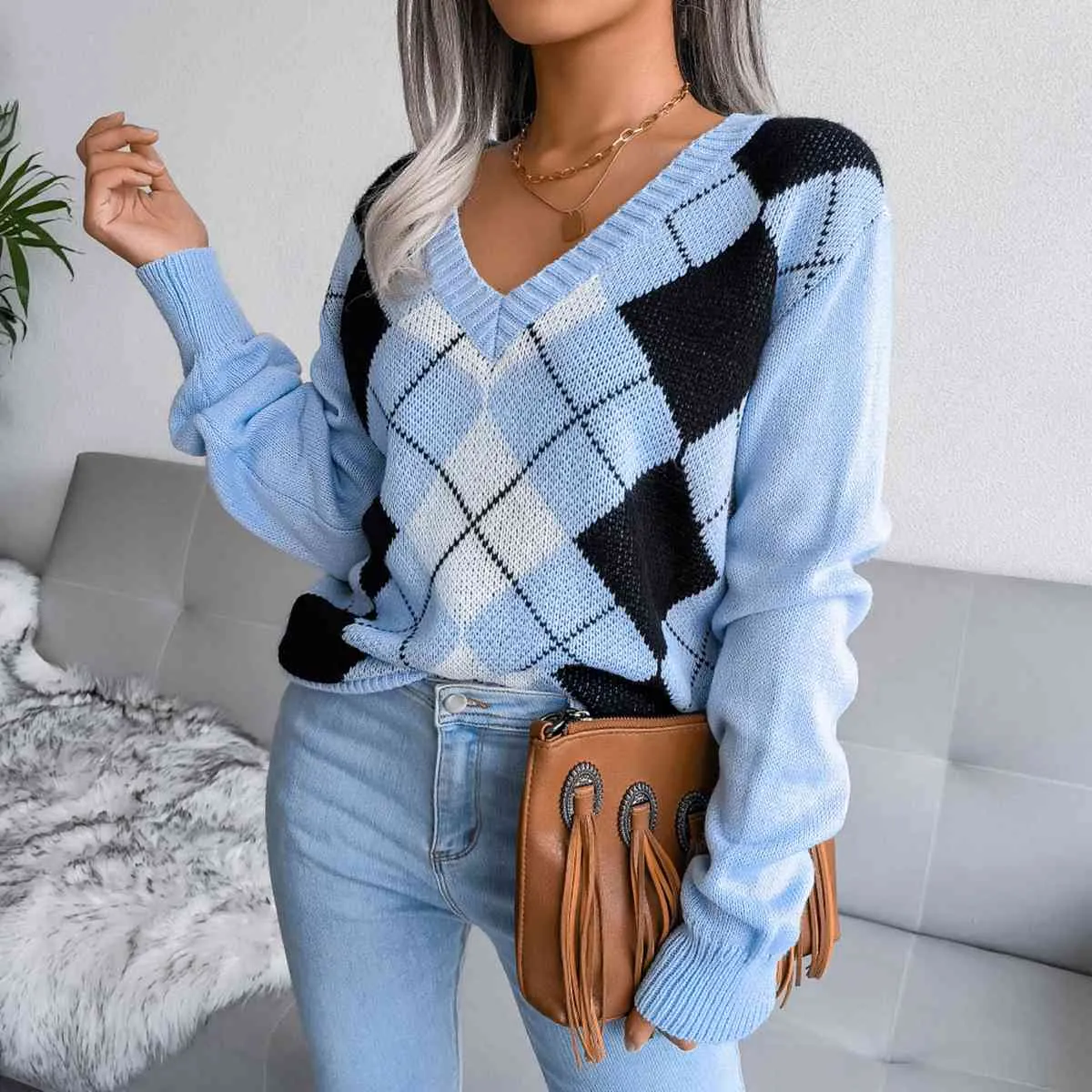 Women's Geometric V-Neck Sweater