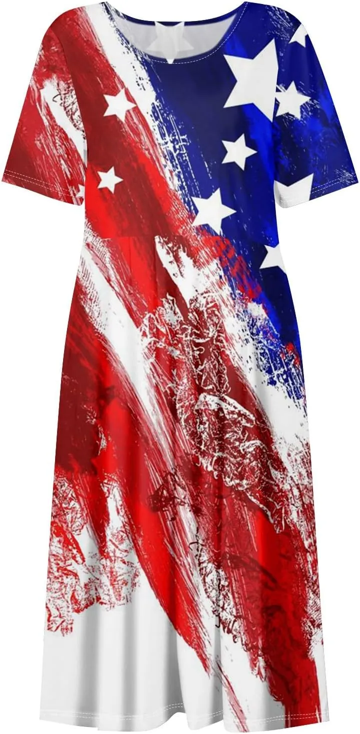Women's Maxi Dress 2025 Summer Casual Colorful Loose Flowy Boho Crewneck Short Sleeve Dresses Beach Vacation Clothes
