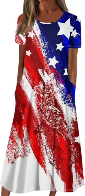 Women's Maxi Dress 2025 Summer Casual Colorful Loose Flowy Boho Crewneck Short Sleeve Dresses Beach Vacation Clothes