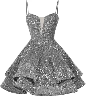 Womens Sequin Homecoming Dresses Spaghetti Straps A Line Short Sequin Dress 2025 Summer Sparkly Cocktail Party Dress