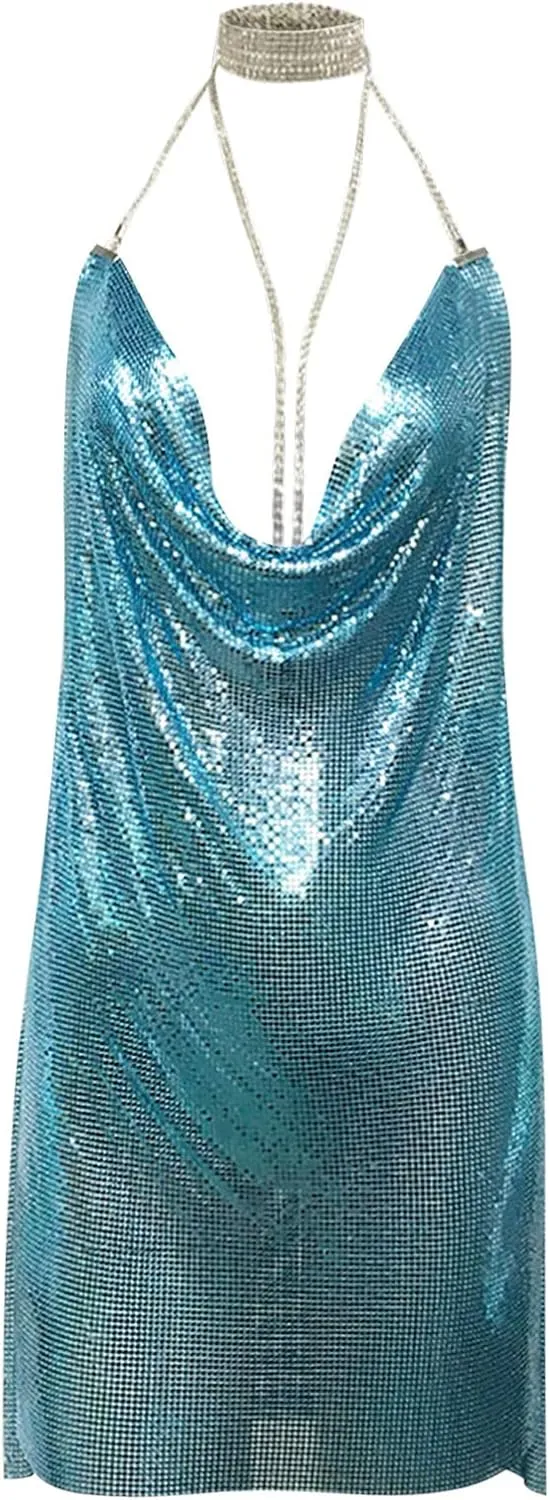 Womens Sexy Metallic Glitter Club Mini Dress Rhinestone Chain Halter Backless Slit Bodycon Party Nightout Dance Dress