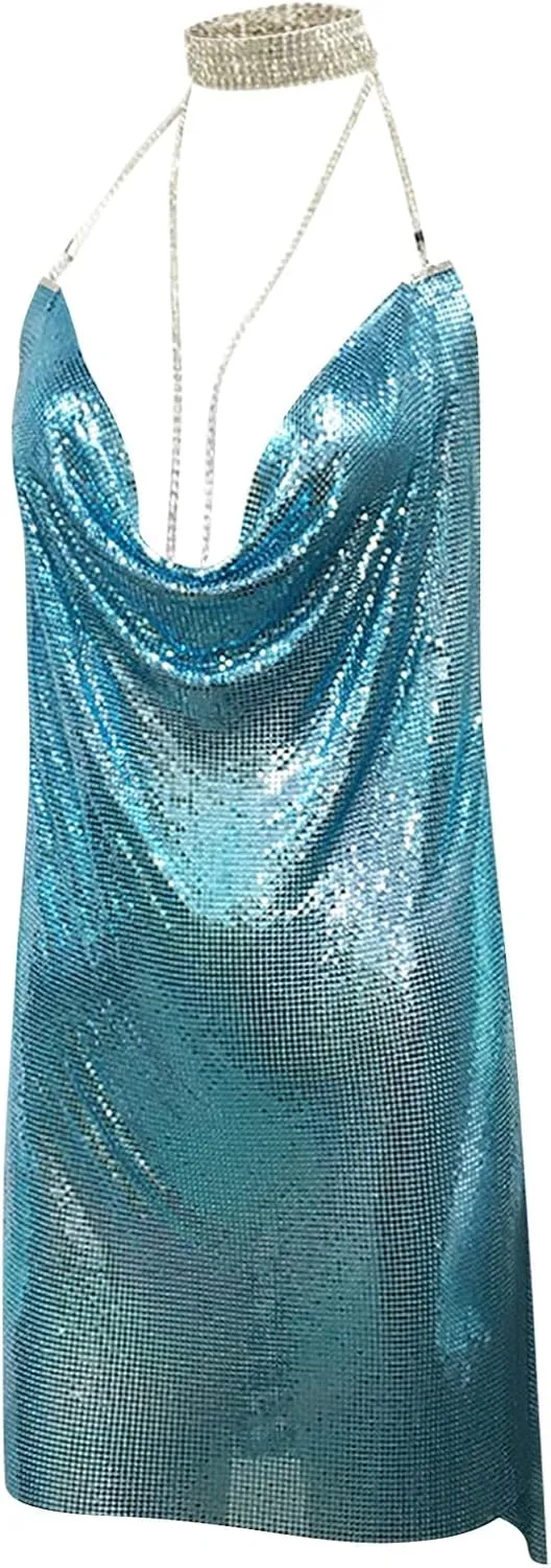 Womens Sexy Metallic Glitter Club Mini Dress Rhinestone Chain Halter Backless Slit Bodycon Party Nightout Dance Dress