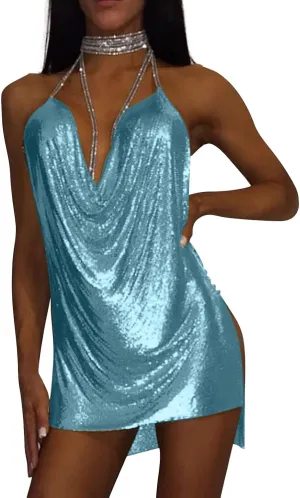 Womens Sexy Metallic Glitter Club Mini Dress Rhinestone Chain Halter Backless Slit Bodycon Party Nightout Dance Dress