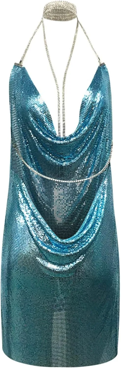 Womens Sexy Metallic Glitter Club Mini Dress Rhinestone Chain Halter Backless Slit Bodycon Party Nightout Dance Dress