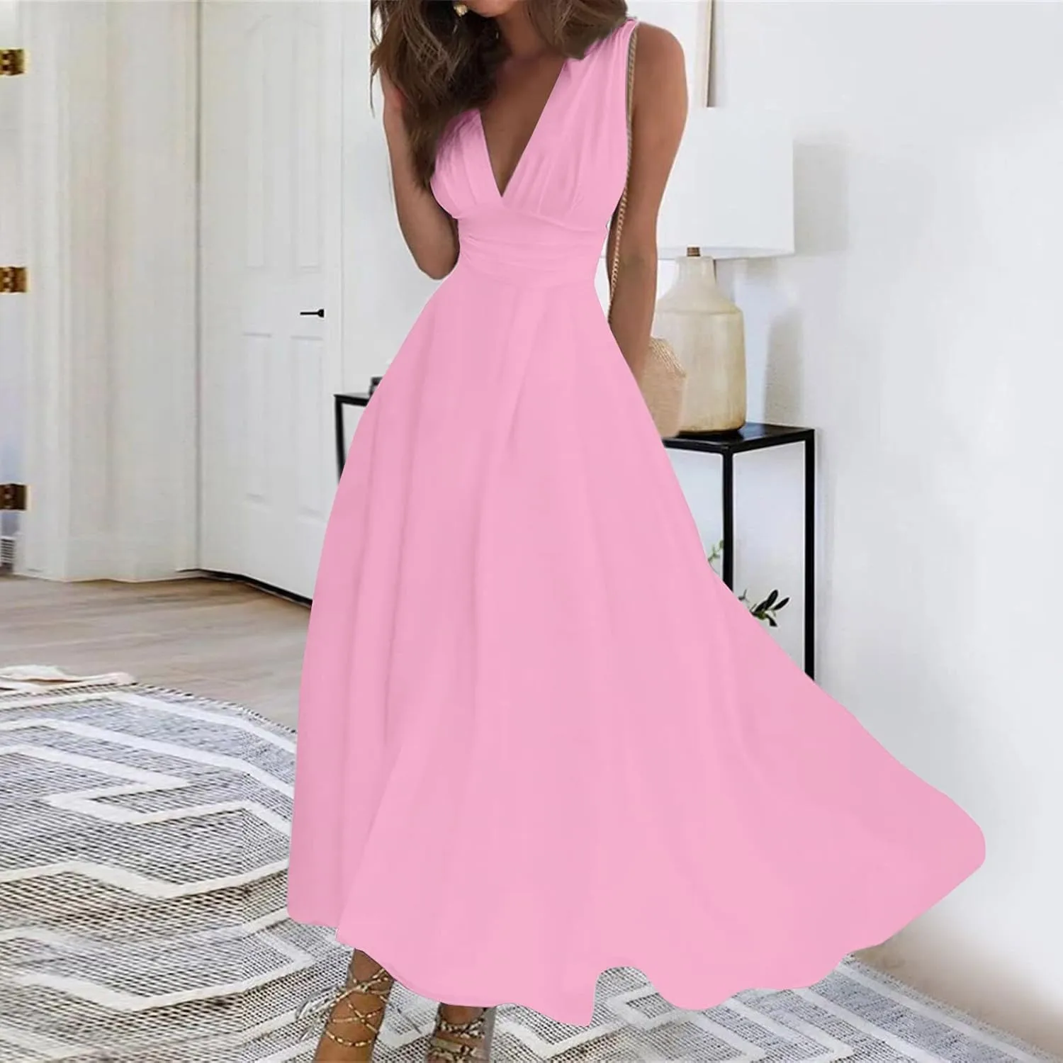 Women's Sleeveless Deep V Neck Floral Print Maxi Dresses Pleated High Waist Party Evening Long Dress