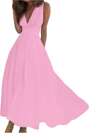 Women's Sleeveless Deep V Neck Floral Print Maxi Dresses Pleated High Waist Party Evening Long Dress