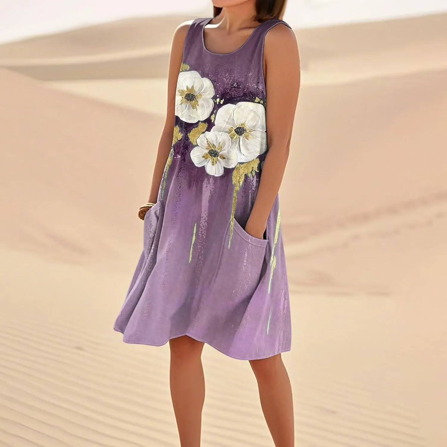 Women's Sleeveless Dresses Flowy Casual Sundress Floral Printed 2025 Summer Comfy Dress Beach Loose Dress with Pockets