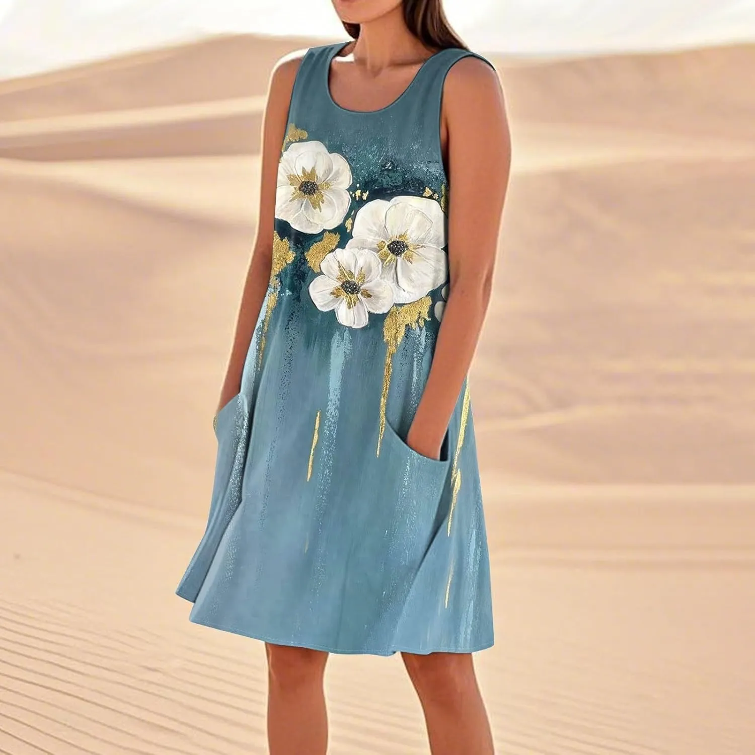 Women's Sleeveless Dresses Flowy Casual Sundress Floral Printed 2025 Summer Comfy Dress Beach Loose Dress with Pockets