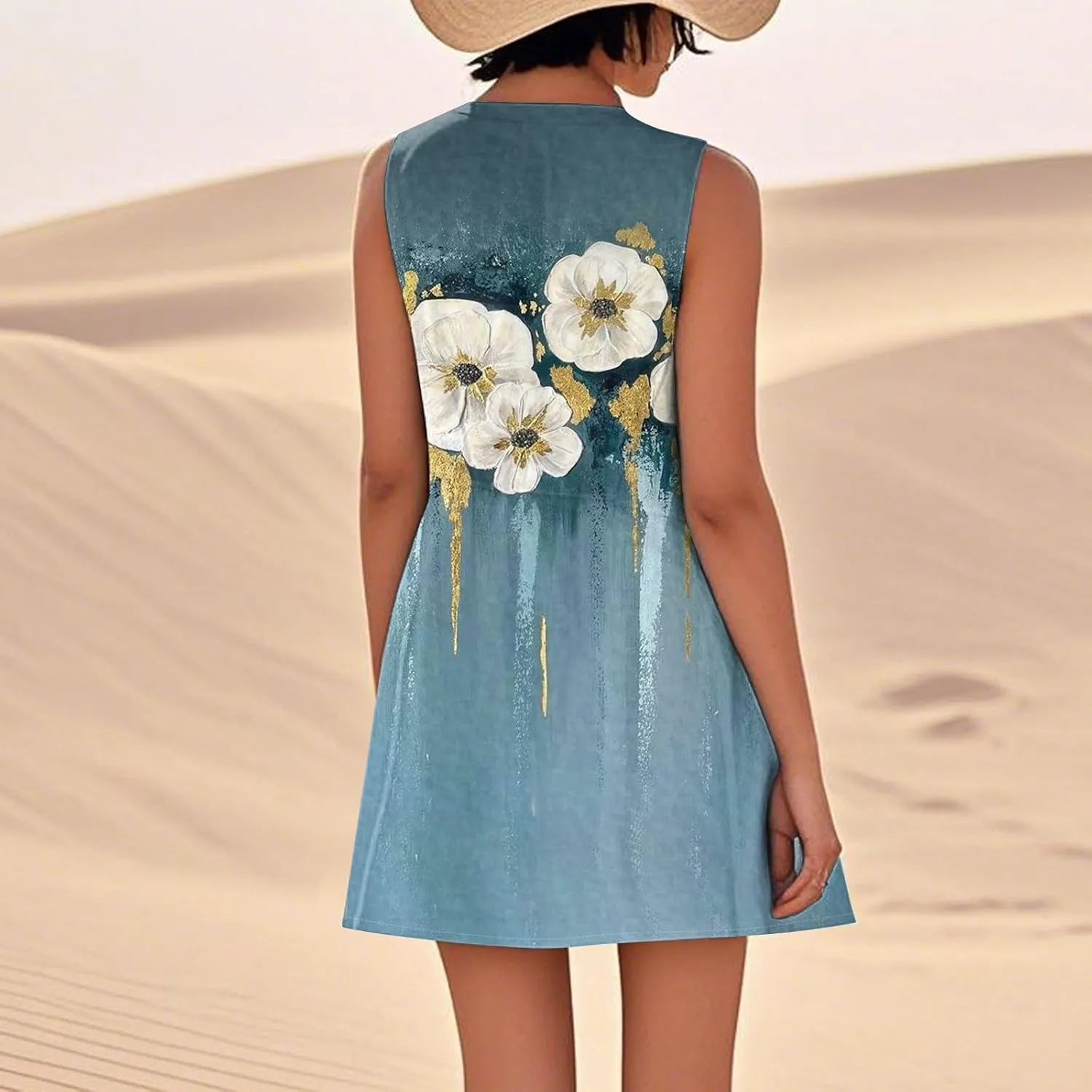 Women's Sleeveless Dresses Flowy Casual Sundress Floral Printed 2025 Summer Comfy Dress Beach Loose Dress with Pockets