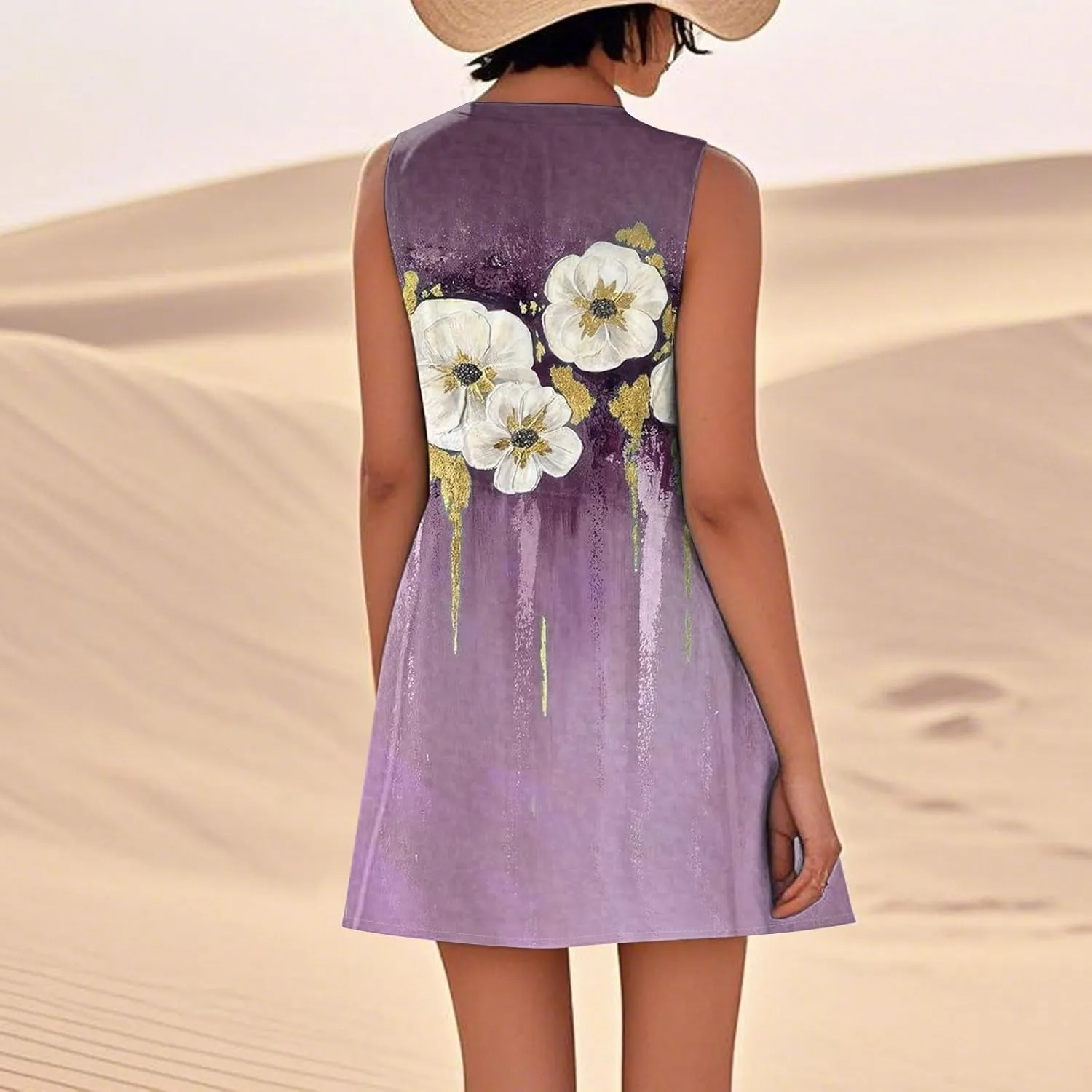 Women's Sleeveless Dresses Flowy Casual Sundress Floral Printed 2025 Summer Comfy Dress Beach Loose Dress with Pockets
