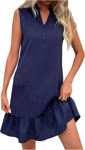 Womens Sleeveless Tank Dresses Summer Dresses V Neck Ruffle Hem Sundresses Casual Mini Vacation Dress with Pockets