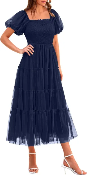 Women's Smocked Midi Tulle Dress 2025 Summer Puffy Short Sleeve Square Neck Dress Ruffle Wedding Guest Party Dresses