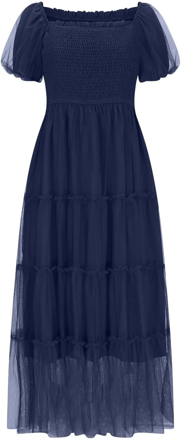 Women's Smocked Midi Tulle Dress 2025 Summer Puffy Short Sleeve Square Neck Dress Ruffle Wedding Guest Party Dresses