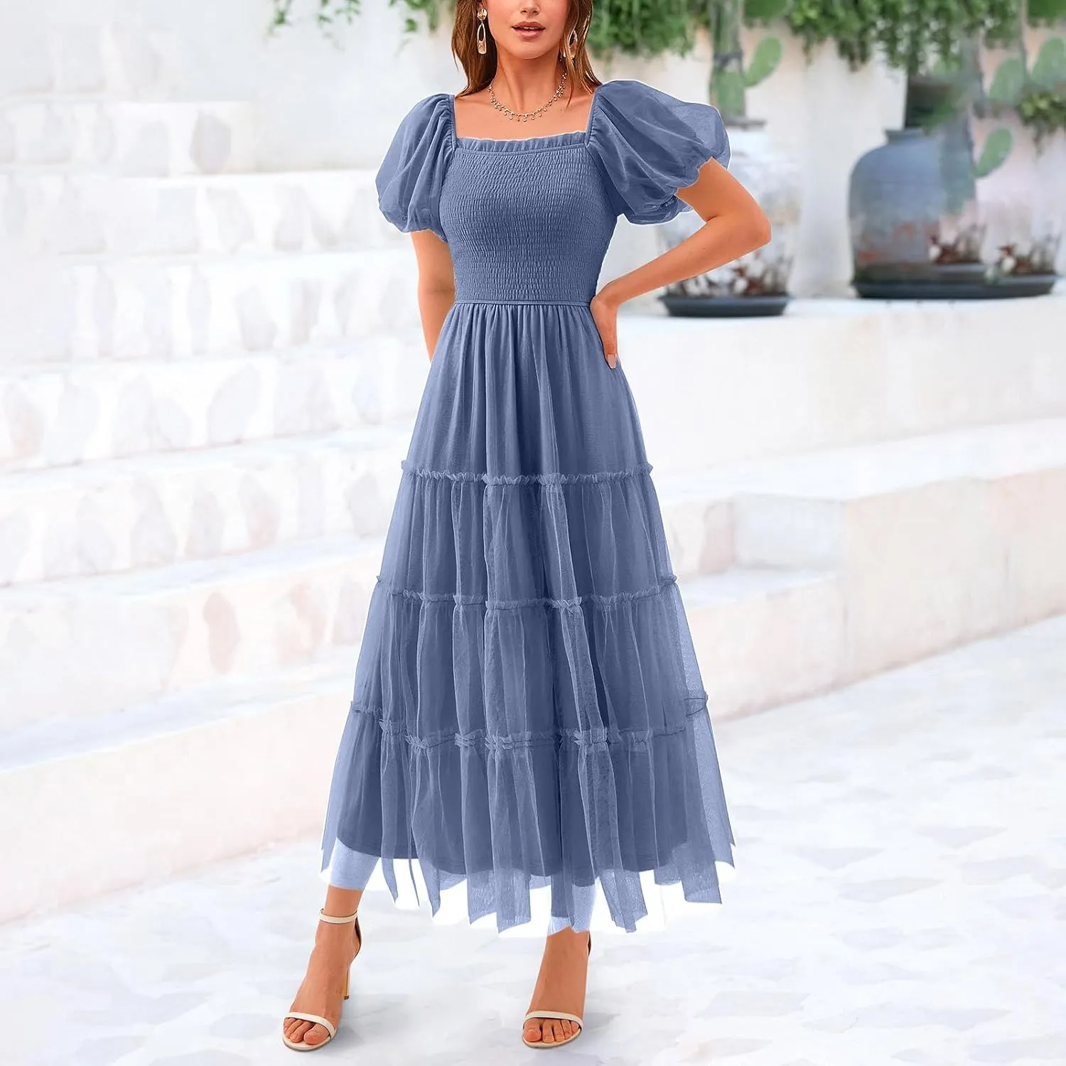 Women's Smocked Midi Tulle Dress 2025 Summer Puffy Short Sleeve Square Neck Dress Ruffle Wedding Guest Party Dresses
