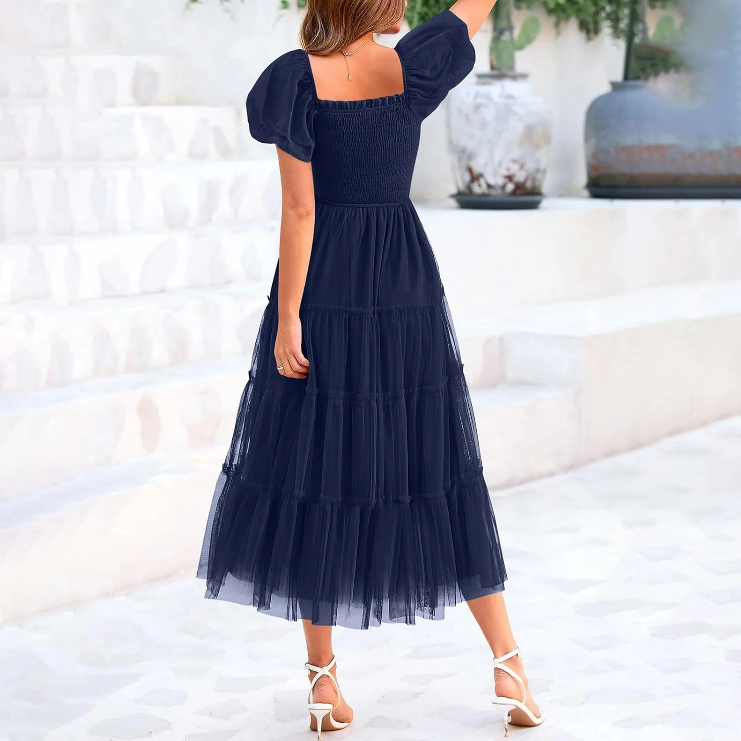 Women's Smocked Midi Tulle Dress 2025 Summer Puffy Short Sleeve Square Neck Dress Ruffle Wedding Guest Party Dresses