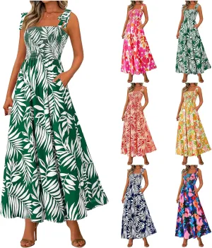 Womens Summer Boho Dress Floral Square Neck Spaghetti Strap Flowy Dress Ruffle A Line Beach Swing Maxi Long Sundress