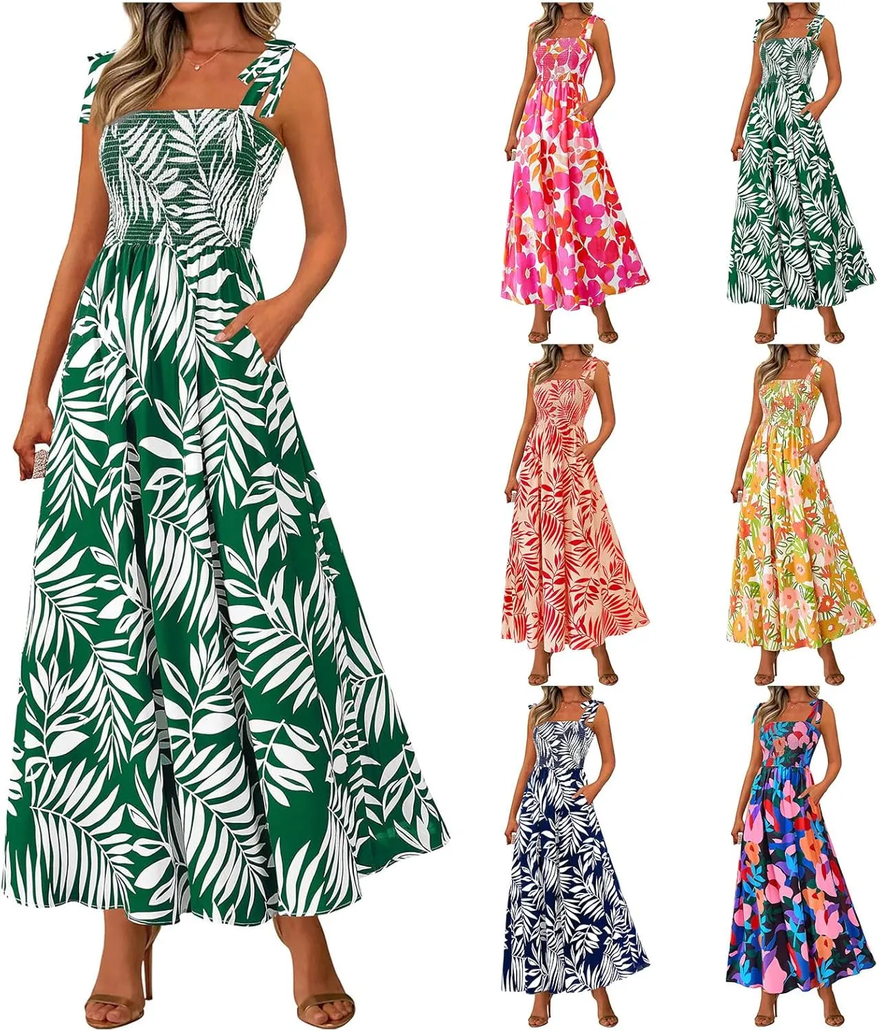 Womens Summer Boho Dress Floral Square Neck Spaghetti Strap Flowy Dress Ruffle A Line Beach Swing Maxi Long Sundress