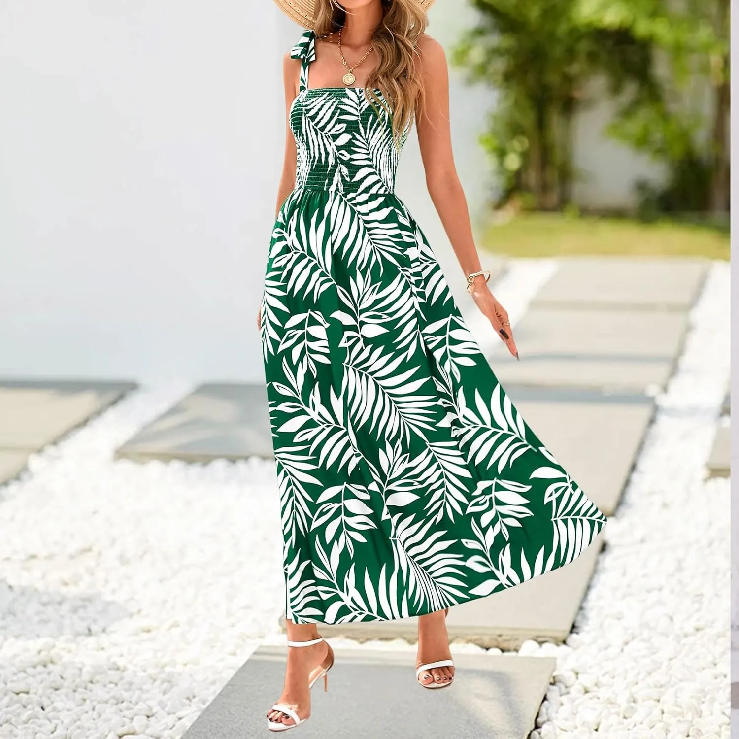 Womens Summer Boho Dress Floral Square Neck Spaghetti Strap Flowy Dress Ruffle A Line Beach Swing Maxi Long Sundress