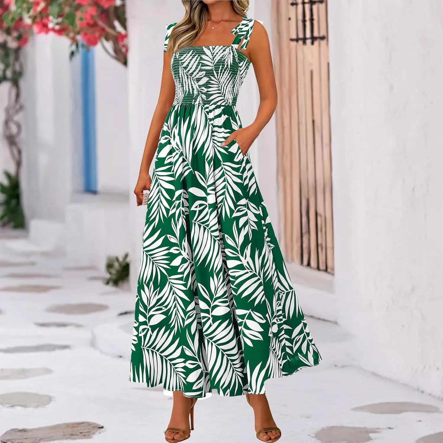 Womens Summer Boho Dress Floral Square Neck Spaghetti Strap Flowy Dress Ruffle A Line Beach Swing Maxi Long Sundress