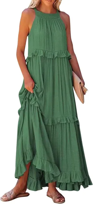 Women's Summer Casual Solid Sleeveless Hanging Neck Swing Flowy Beach Maxi Dress