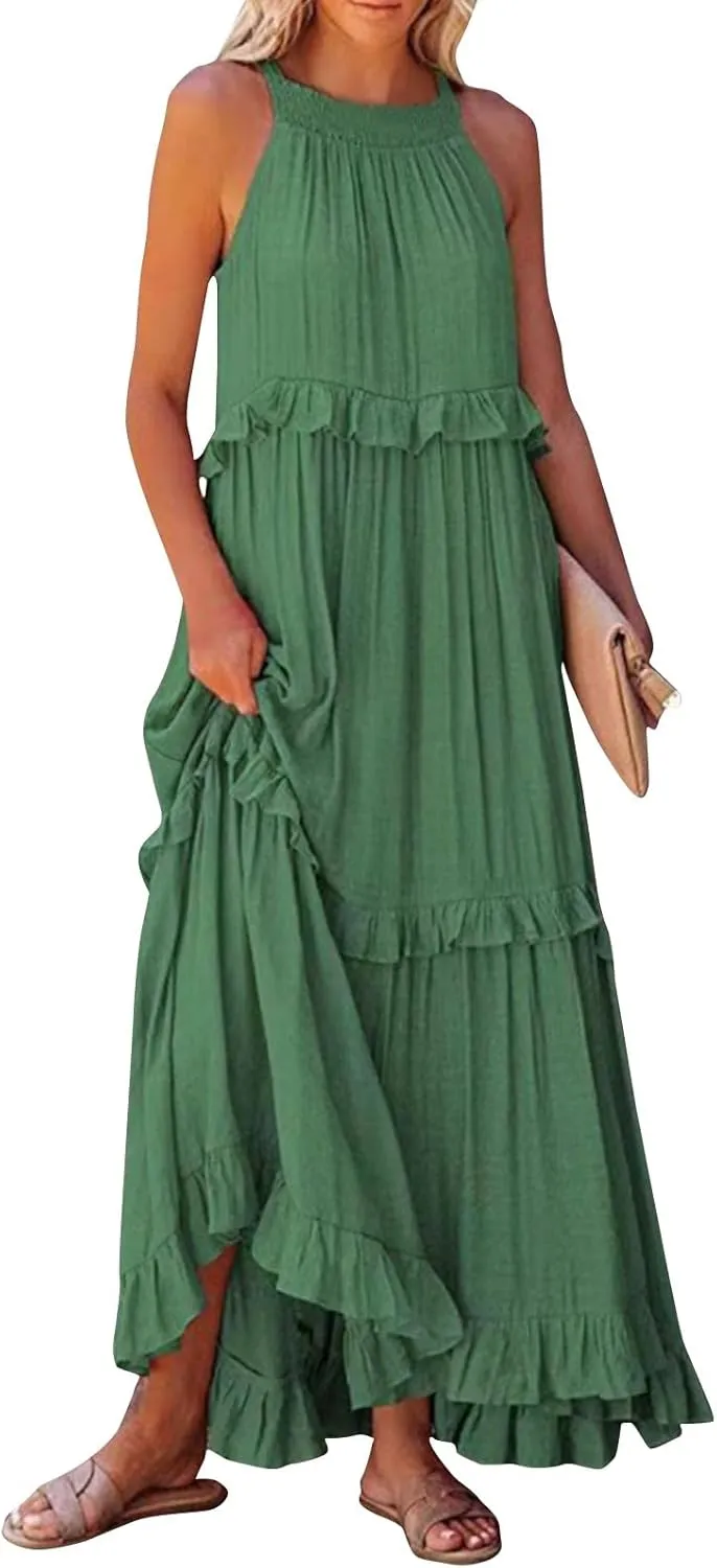 Women's Summer Casual Solid Sleeveless Hanging Neck Swing Flowy Beach Maxi Dress