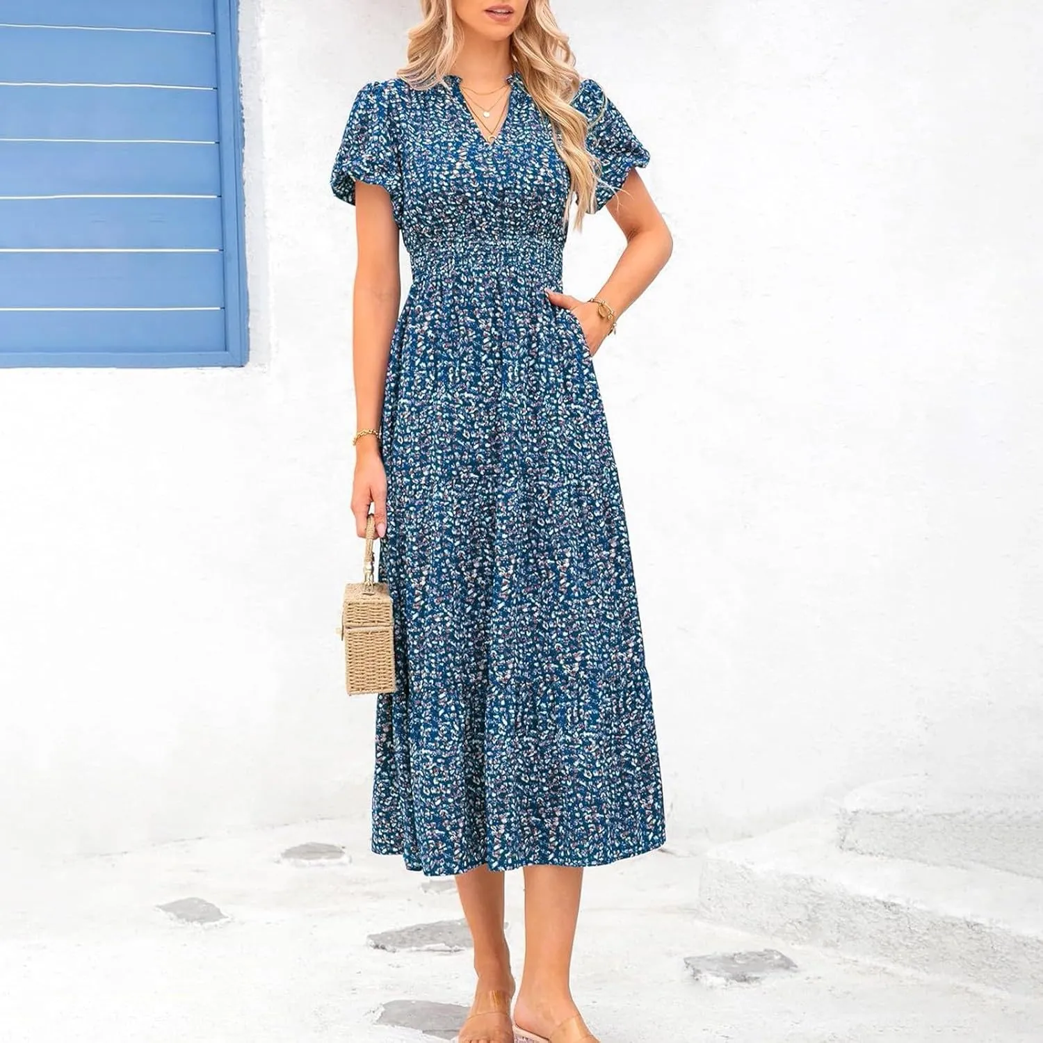 Women's Summer Casual V Neck Short Sleeve Ruffle Ruched Beach Boho Long Floral Maxi Dress Maxi Dress