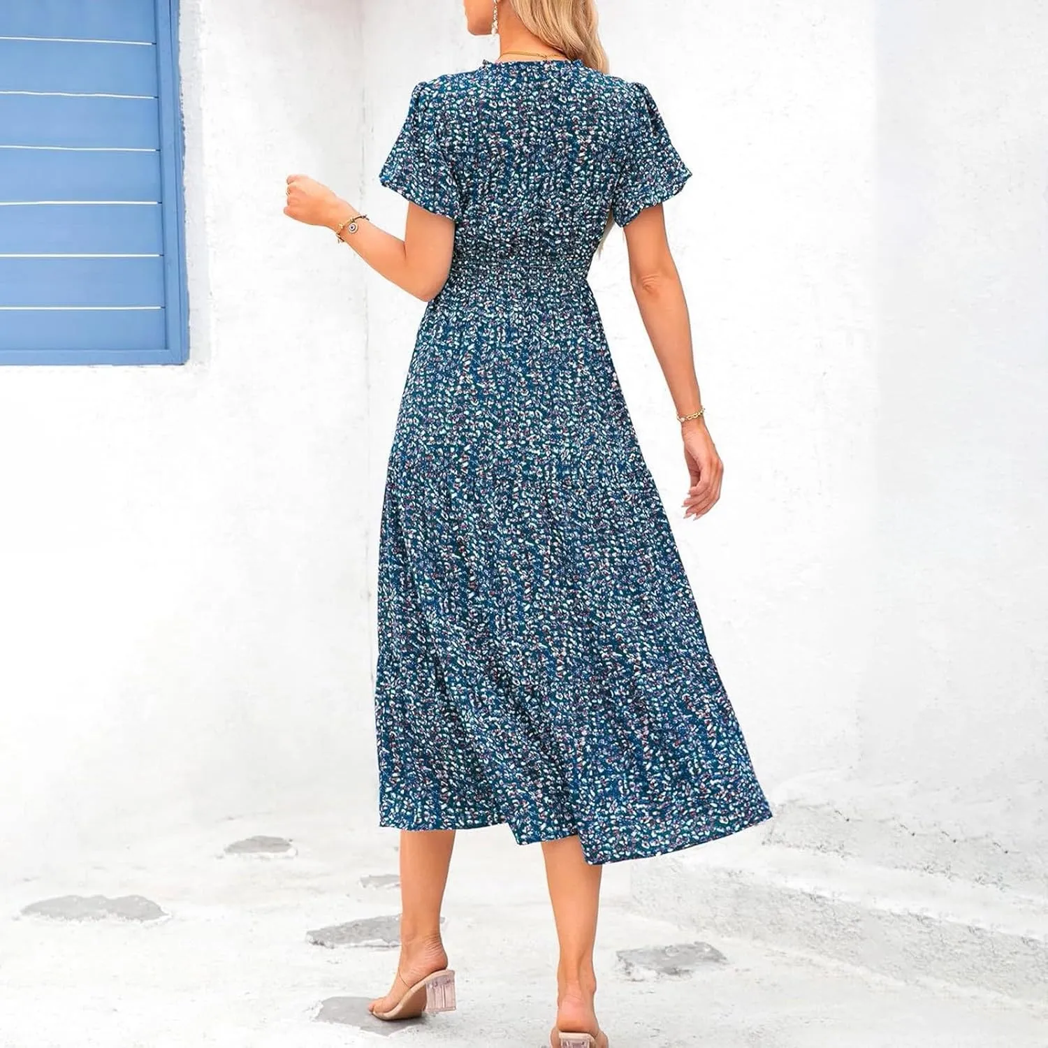 Women's Summer Casual V Neck Short Sleeve Ruffle Ruched Beach Boho Long Floral Maxi Dress Maxi Dress