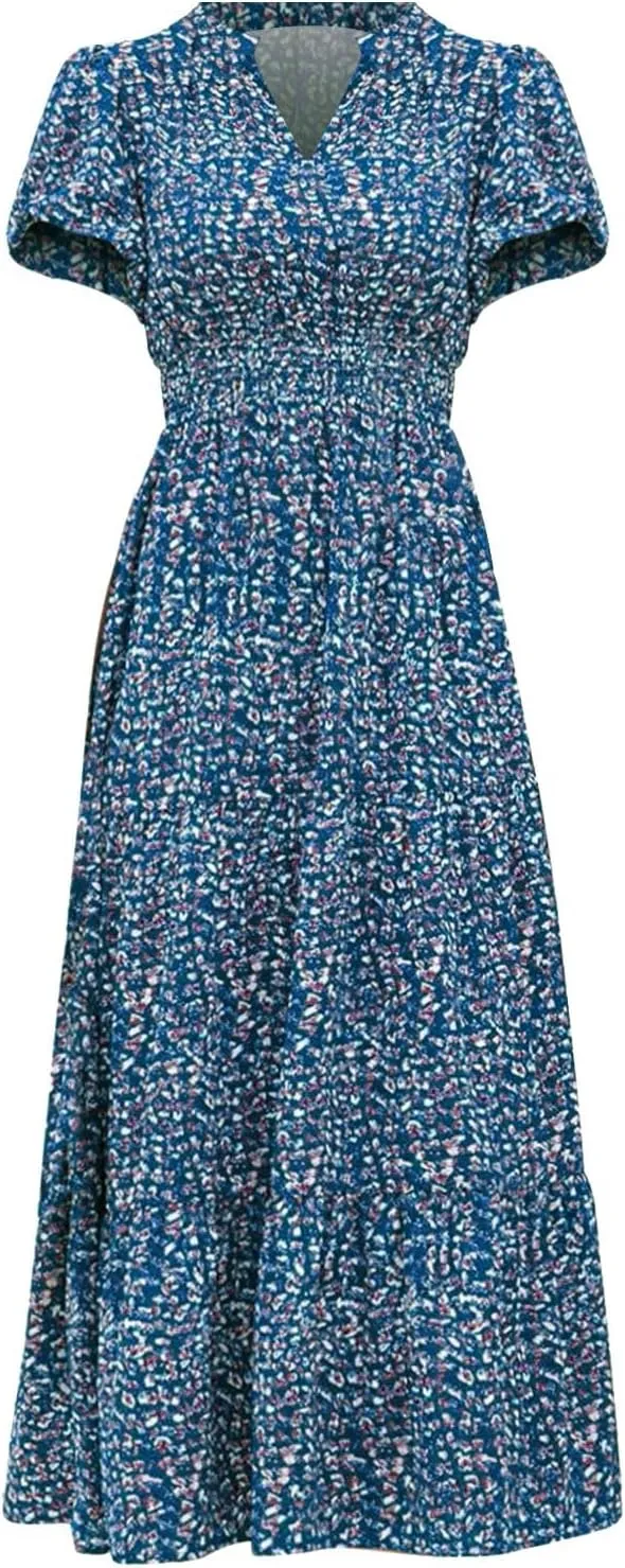 Women's Summer Casual V Neck Short Sleeve Ruffle Ruched Beach Boho Long Floral Maxi Dress Maxi Dress
