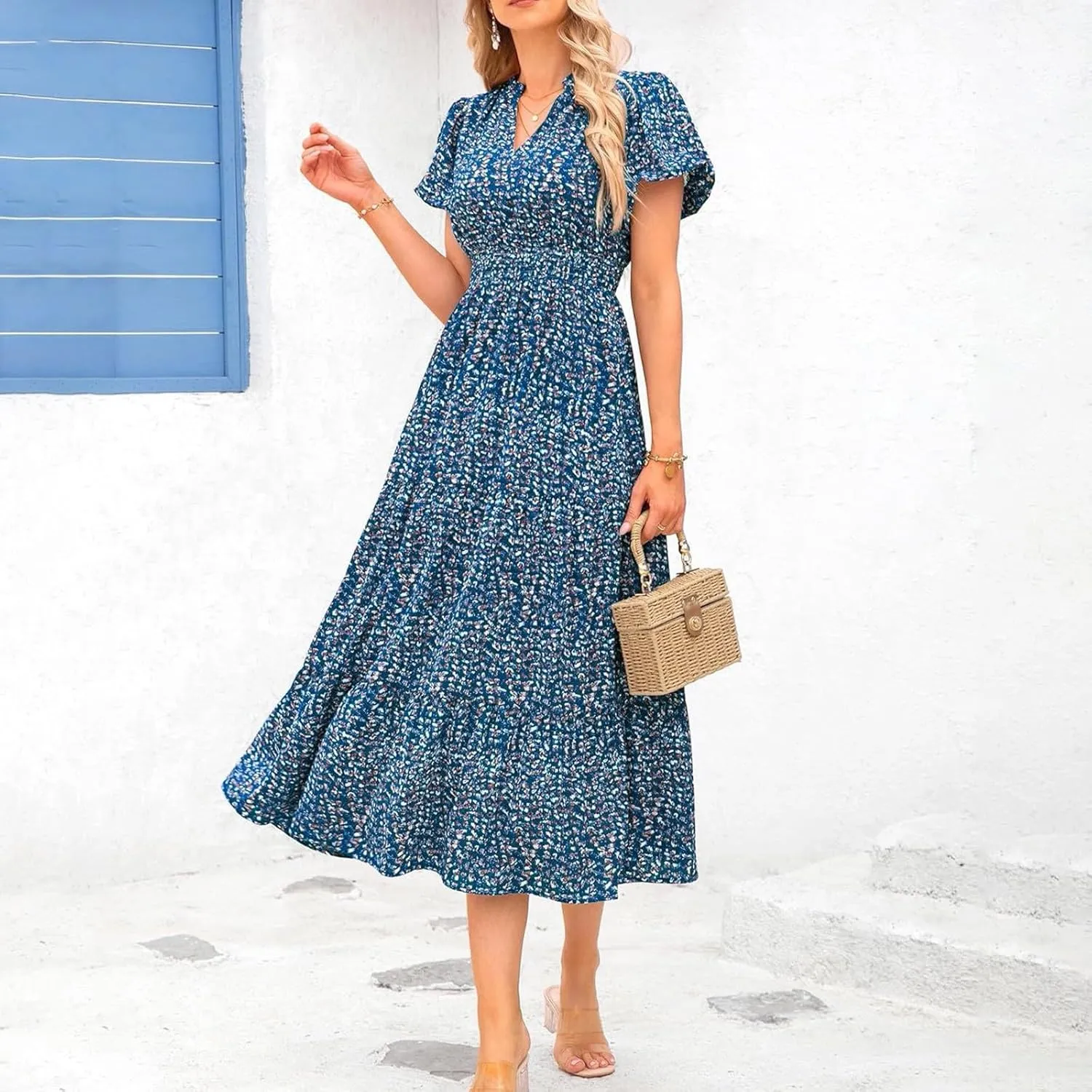 Women's Summer Casual V Neck Short Sleeve Ruffle Ruched Beach Boho Long Floral Maxi Dress Maxi Dress