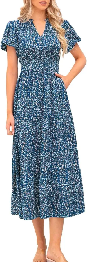 Women's Summer Casual V Neck Short Sleeve Ruffle Ruched Beach Boho Long Floral Maxi Dress Maxi Dress