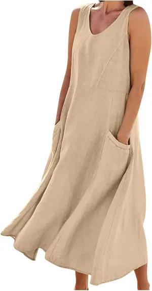 Women's Summer Cotton Linen Maxi Dresses Sleeveless Solid Flowy Long Dress Plus Size Loose Comfy Dress with Pockets