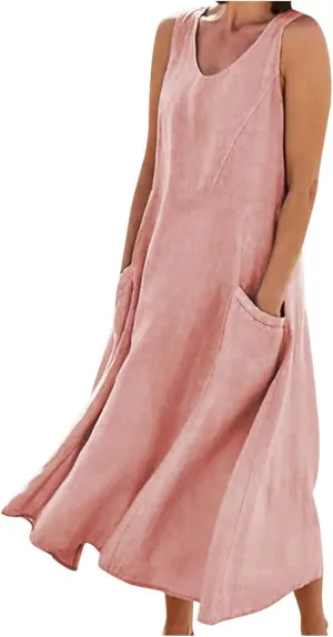 Women's Summer Cotton Linen Maxi Dresses Sleeveless Solid Flowy Long Dress Plus Size Loose Comfy Dress with Pockets