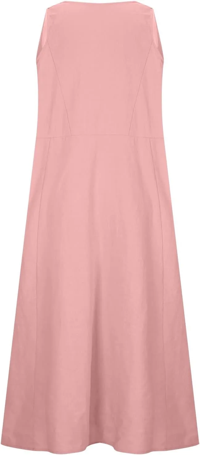 Women's Summer Cotton Linen Maxi Dresses Sleeveless Solid Flowy Long Dress Plus Size Loose Comfy Dress with Pockets