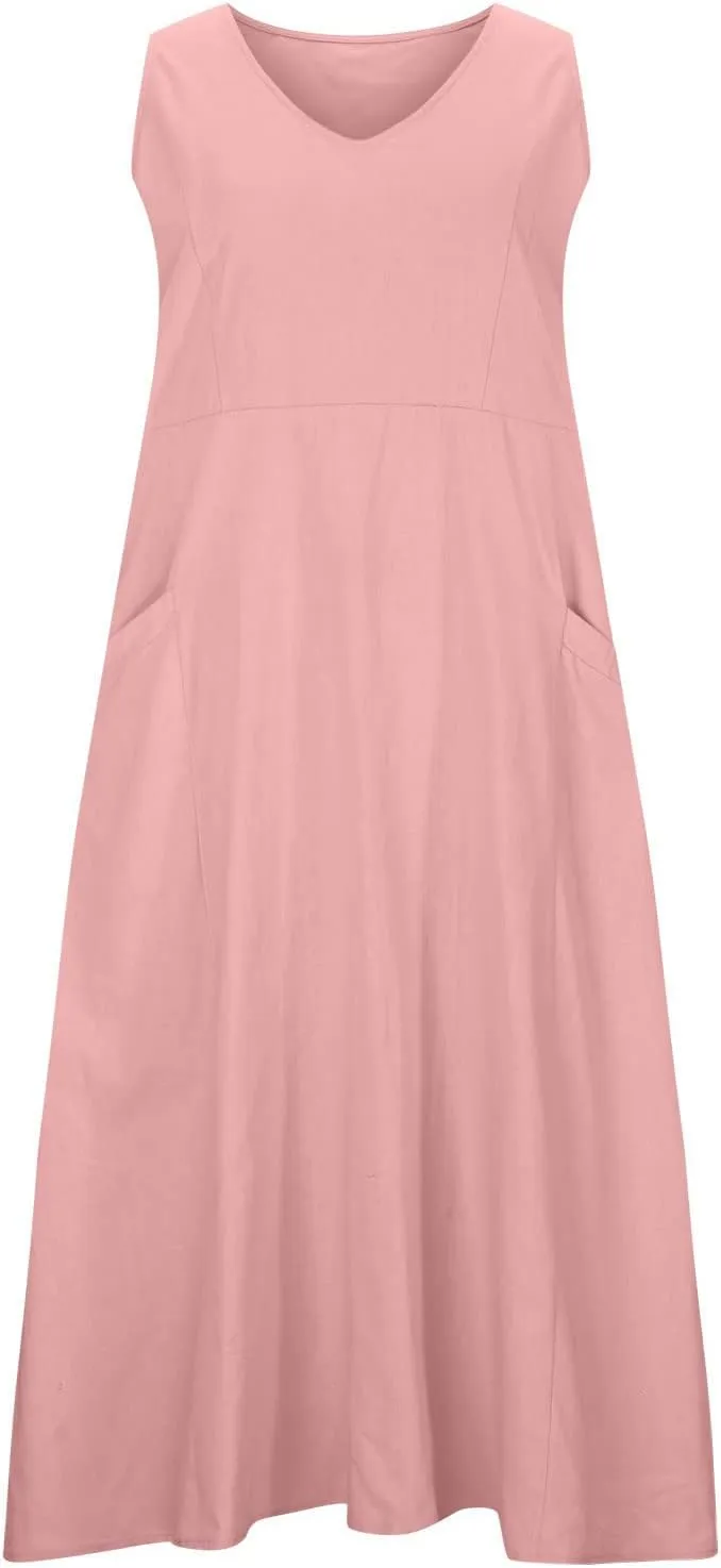 Women's Summer Cotton Linen Maxi Dresses Sleeveless Solid Flowy Long Dress Plus Size Loose Comfy Dress with Pockets