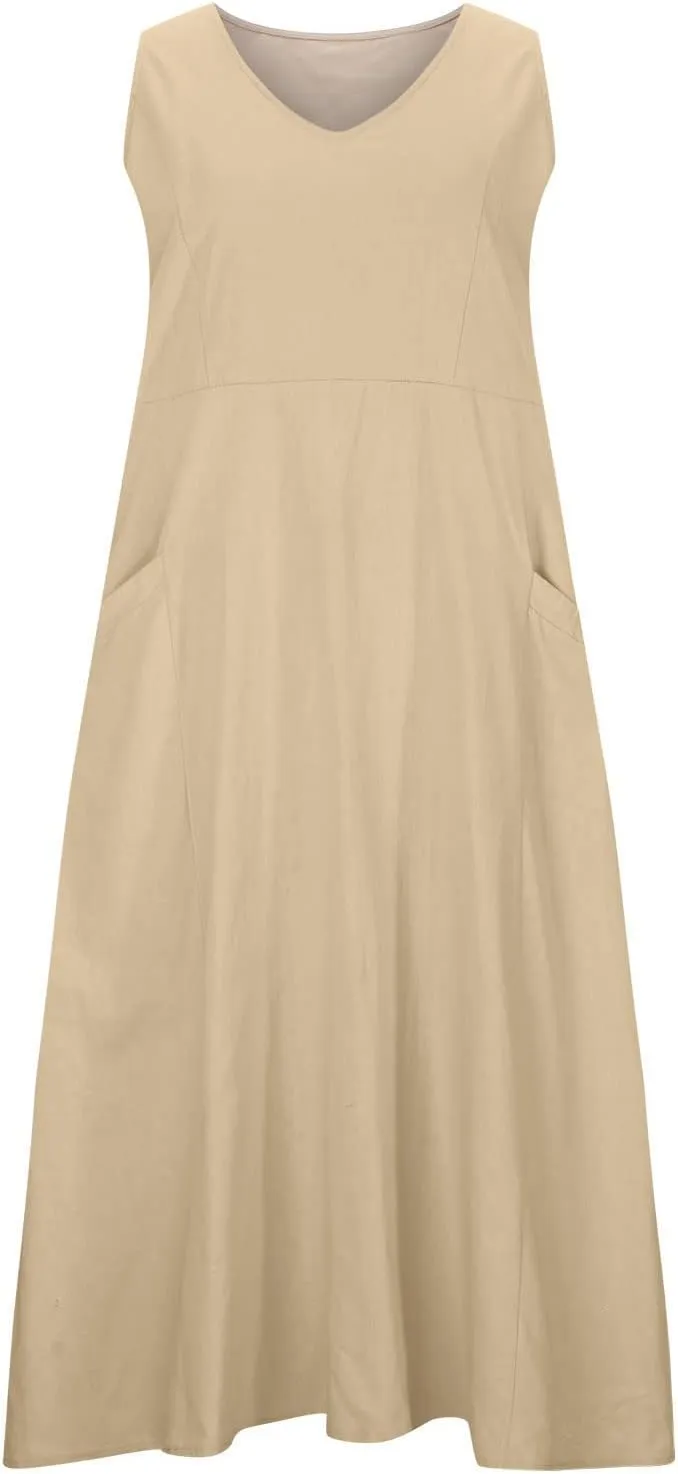 Women's Summer Cotton Linen Maxi Dresses Sleeveless Solid Flowy Long Dress Plus Size Loose Comfy Dress with Pockets
