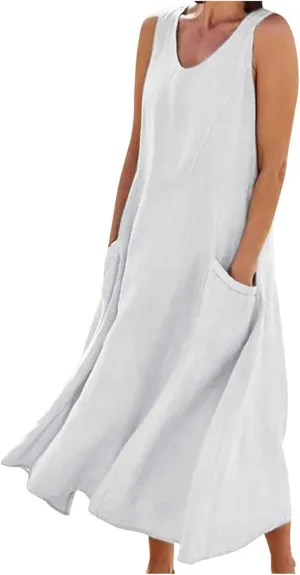 Women's Summer Cotton Linen Maxi Dresses Sleeveless Solid Flowy Long Dress Plus Size Loose Comfy Dress with Pockets
