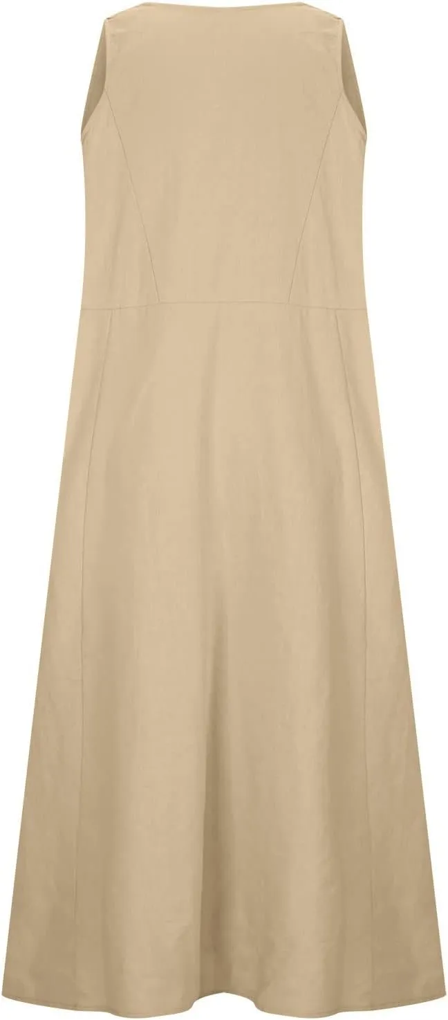Women's Summer Cotton Linen Maxi Dresses Sleeveless Solid Flowy Long Dress Plus Size Loose Comfy Dress with Pockets