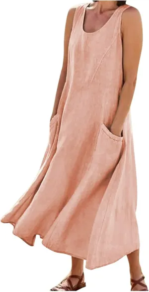 Womens Summer Dresses 2024 Casual Floral Print Boho Beach Sundress O Neck Sleeveless Loose Maxi Dress with Pockets