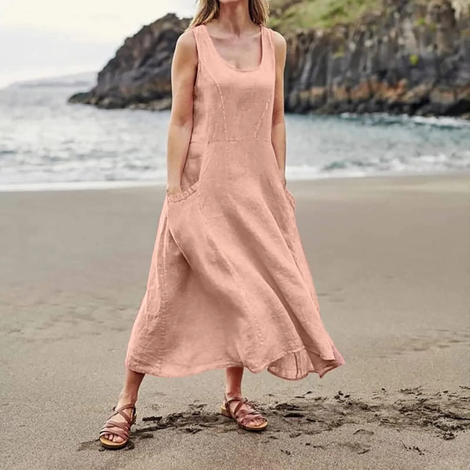 Womens Summer Dresses 2024 Casual Floral Print Boho Beach Sundress O Neck Sleeveless Loose Maxi Dress with Pockets