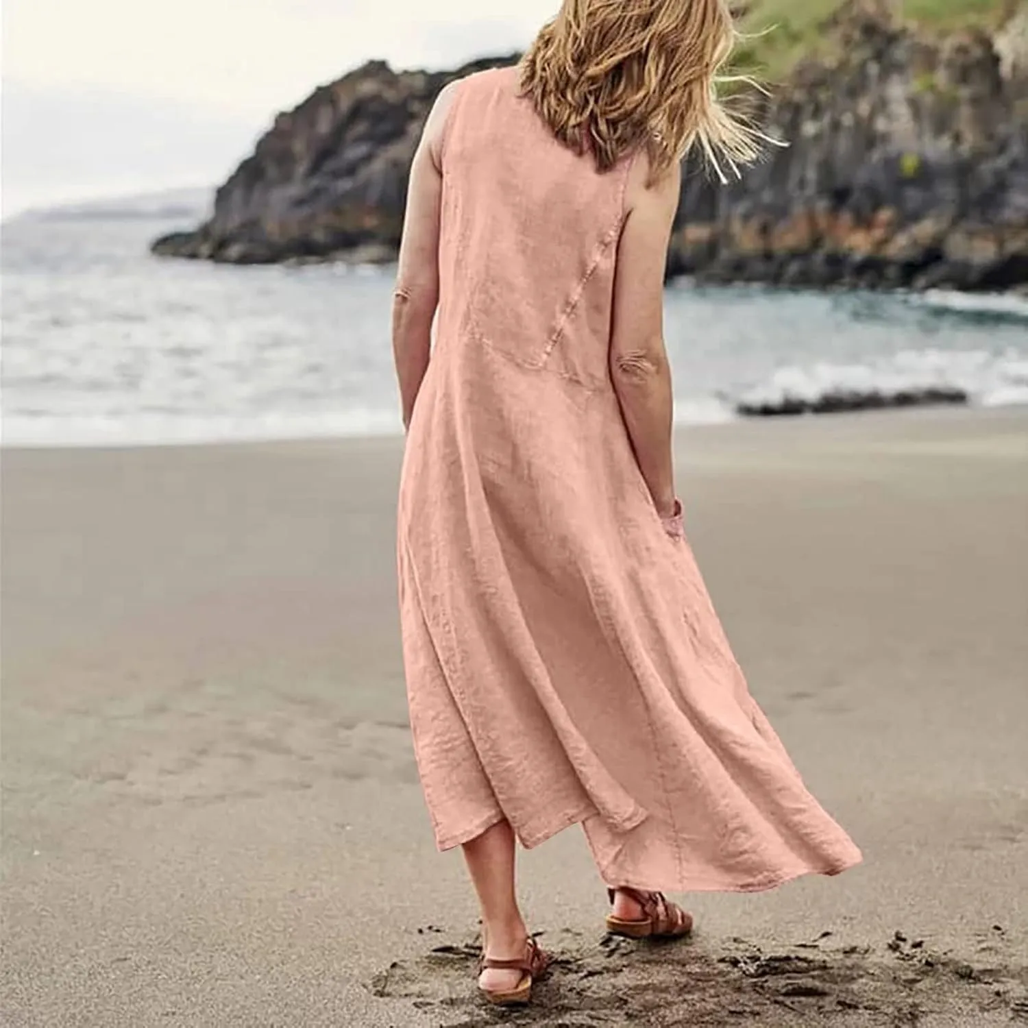 Womens Summer Dresses 2024 Casual Floral Print Boho Beach Sundress O Neck Sleeveless Loose Maxi Dress with Pockets