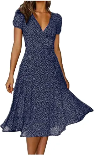 Women's Summer Dresses Chiffon Boho Polka Dot Boho Sundress Short Sleeve Resort Vacation Midi Dress 2024 Fashion Outfits