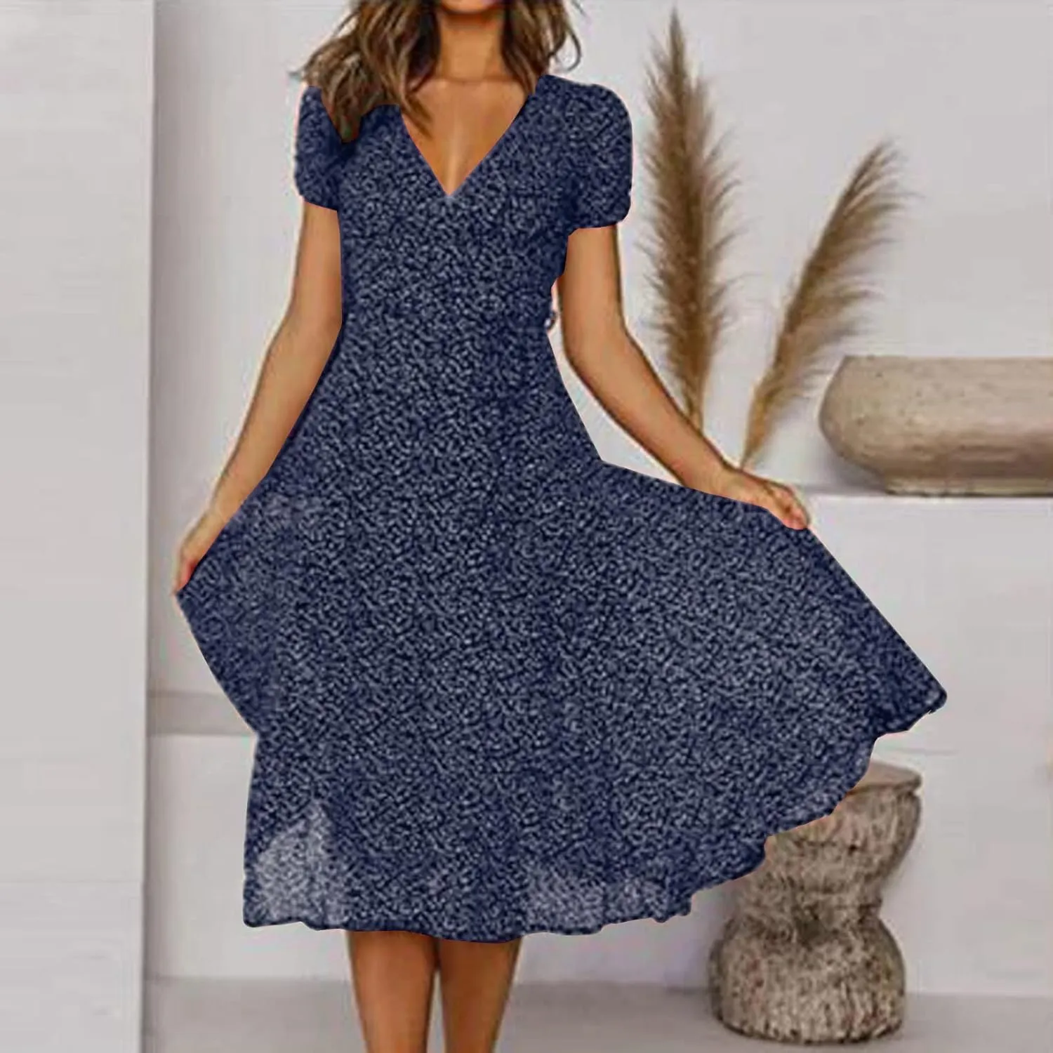 Women's Summer Dresses Chiffon Boho Polka Dot Boho Sundress Short Sleeve Resort Vacation Midi Dress 2024 Fashion Outfits
