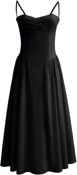 Womens Summer Dresses for Vacation Solid Color Vintage Maxi Dress Spaghetti Strap Low Waist Party Midi Dress 2025
