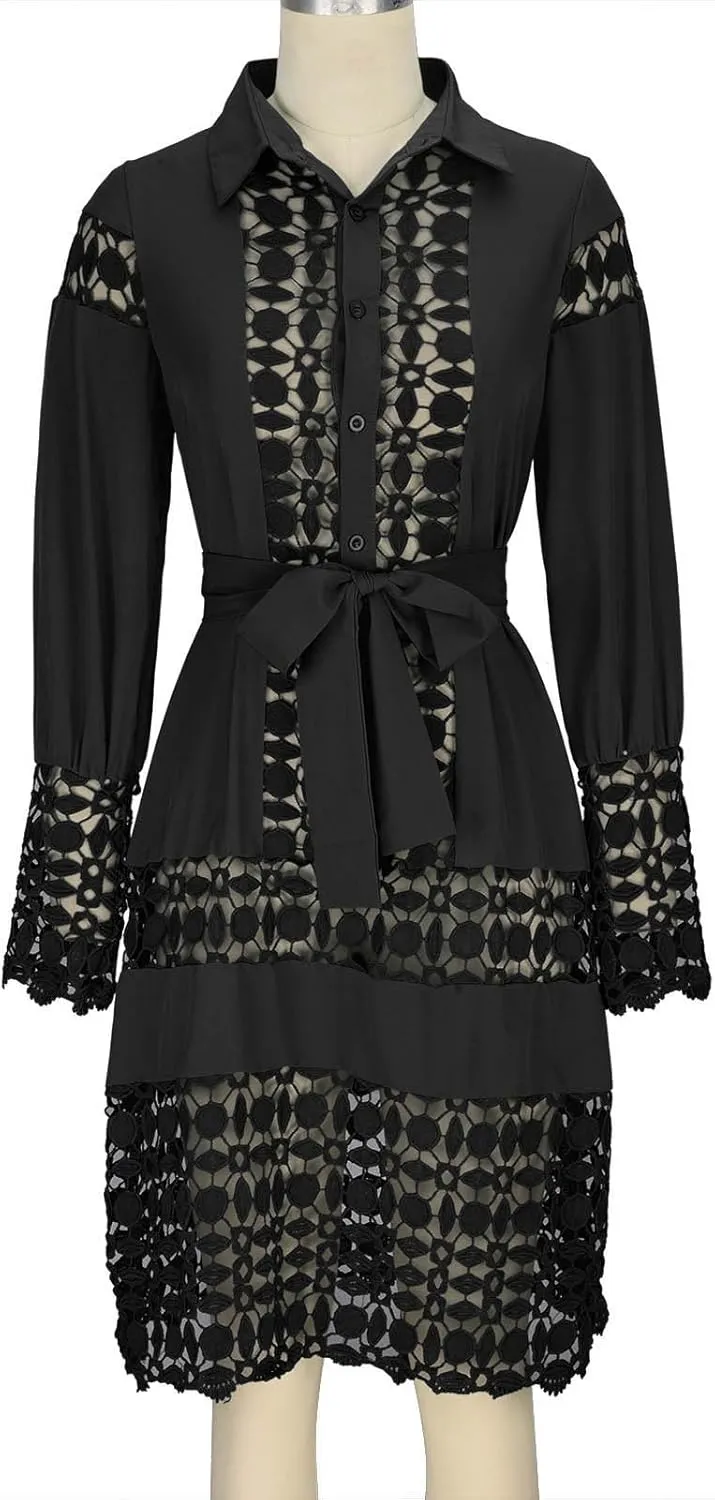 Women's Summer Dresses Long Sleeve Lapel Button Down Belted Mini Dress Plus Size Lace Patchwork Hollow Out Dresses