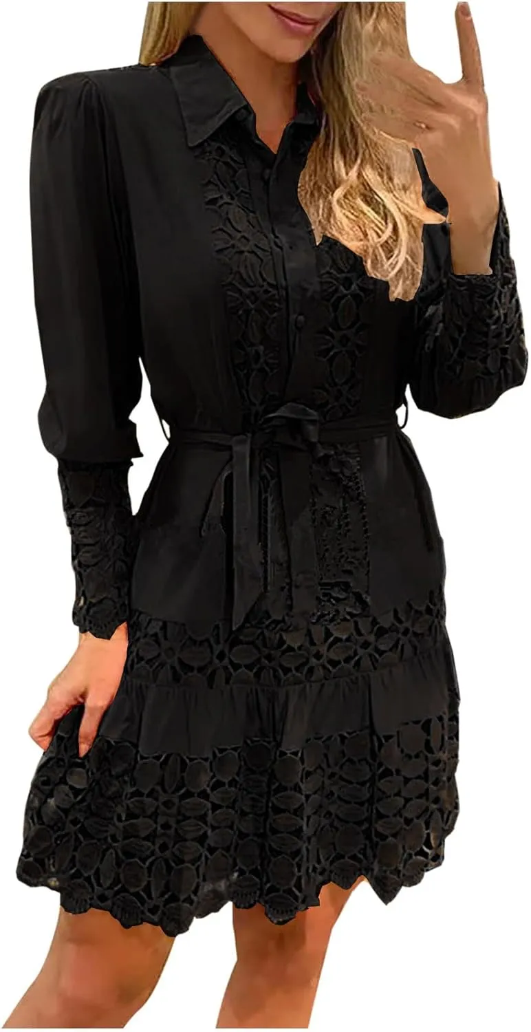 Women's Summer Dresses Long Sleeve Lapel Button Down Belted Mini Dress Plus Size Lace Patchwork Hollow Out Dresses