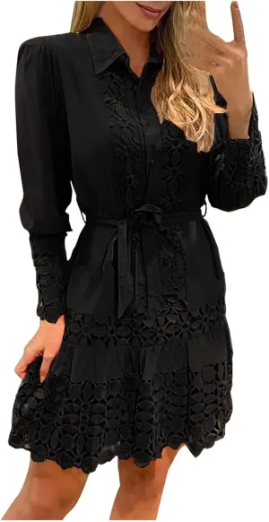 Women's Summer Dresses Long Sleeve Lapel Button Down Belted Mini Dress Plus Size Lace Patchwork Hollow Out Dresses